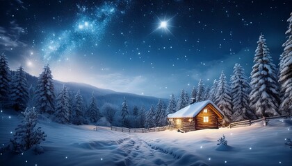 Fototapeta premium A serene winter landscape with snow-covered trees, a cozy cabin glowing with warm lights