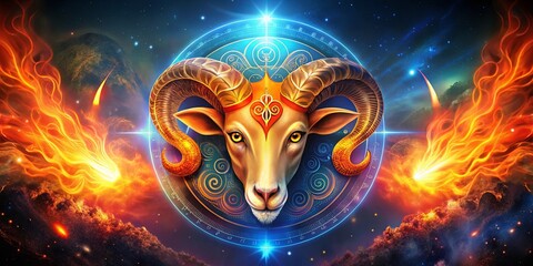 Cosmic Ram Emblazoned with Ancient Symbols in Fiery Blaze