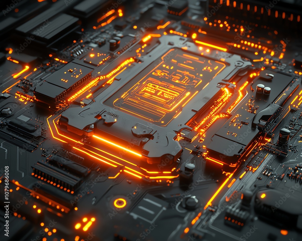 Poster 3D illustration of a computer motherboard, futuristic design with glowing circuits and connectors, symbolizing digital communication and advanced technology systems