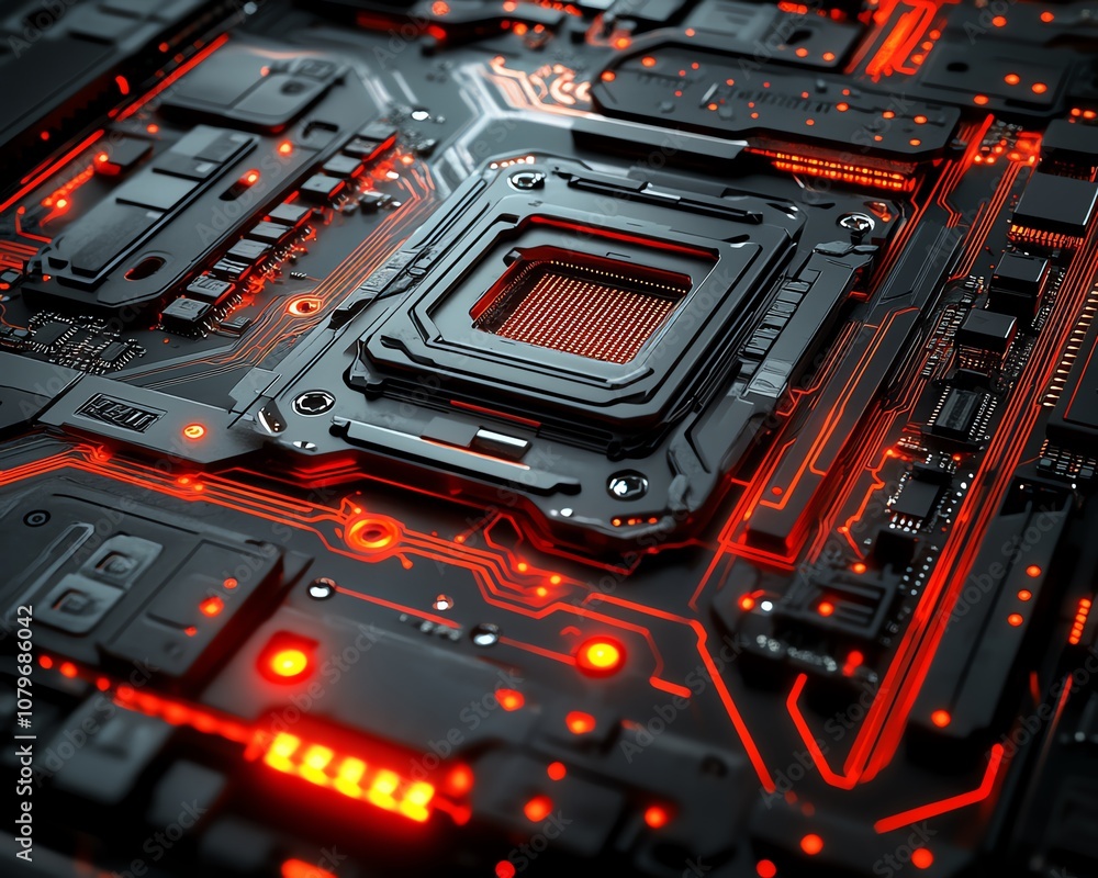 Fototapete 3d illustration of a computer motherboard, futuristic design with glowing circuits and connectors, s