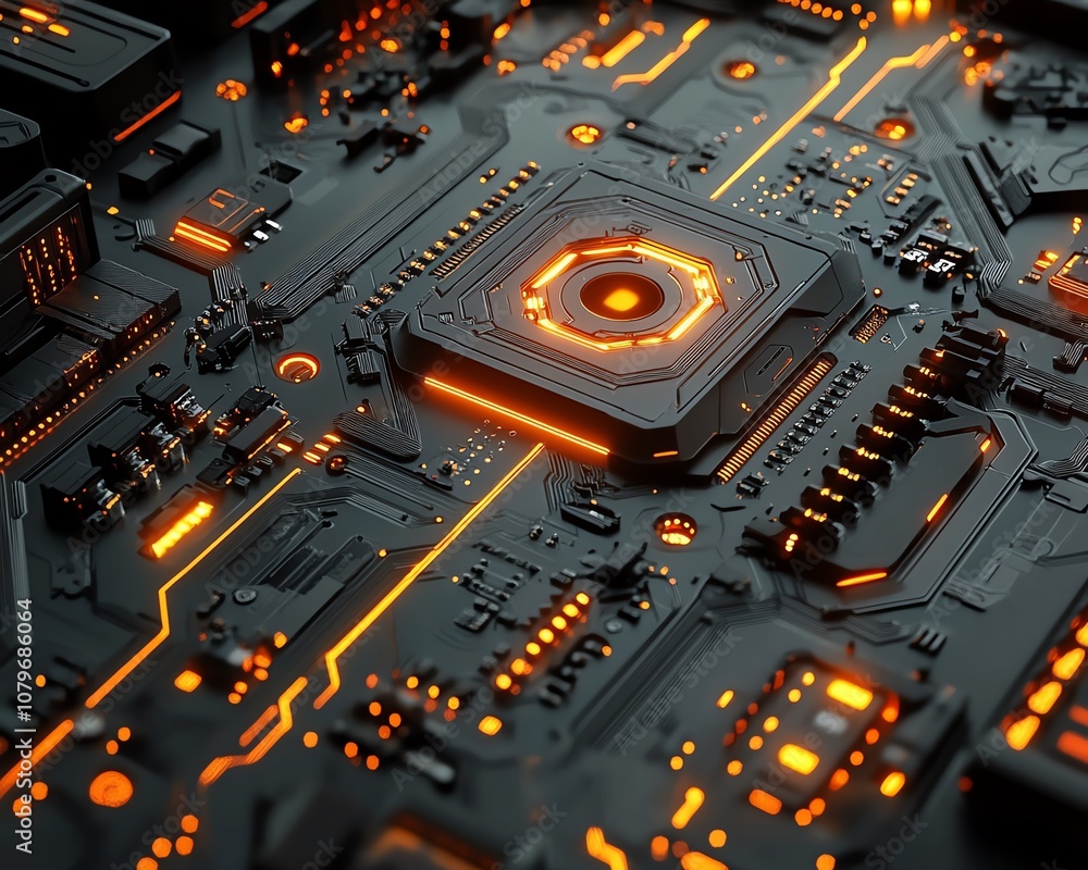 Fototapete 3d illustration of a computer motherboard, futuristic design with glowing circuits and connectors, s