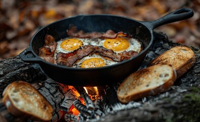 Bacon and Eggs Over Campfire in Cast Iron Pan with Toast Camping Forest Breakfast
