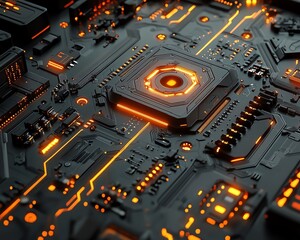 Fototapeta premium 3D illustration of a computer motherboard, futuristic design with glowing circuits and connectors, symbolizing digital communication and advanced technology systems