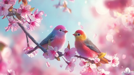 A high-resolution 16:9 image of a pair of colorful birds perched on a blooming cherry blossom branch. The birds are chirping happily, surrounded
