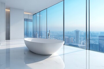 Modern home bathroom interior with tub and glass shower, panoramic window, luxury apartment, rendering image