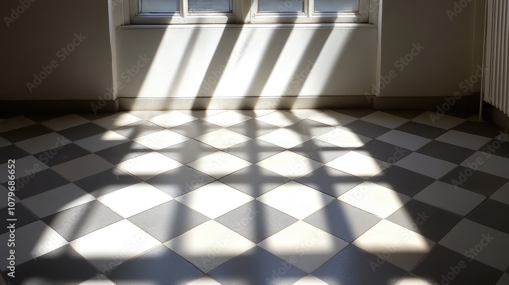 Poster sunlight streaming through a window onto a checkerboard tile floor