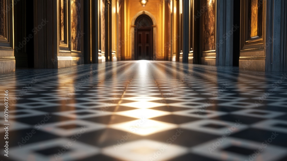 Poster perspective view of an elegant corridor with tiled floor