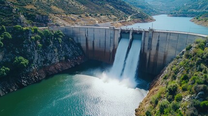 A large concrete dam holding back a reservoir, with water spilling over the spillway