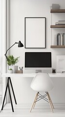 Modern Minimalist Home Office with Computer, Desk Lamp, and Shelving in Bright Natural Light