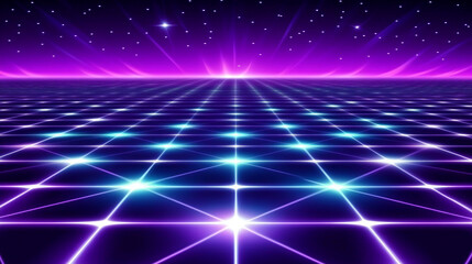 Fototapeta premium A futuristic grid with glowing lines and light streaks against a dark starry sky.