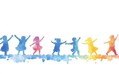 Colorful silhouettes of children joyfully dancing, promoting happiness and playfulness with a vibrant watercolor effect.