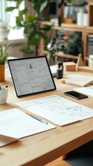 Obraz premium Modern Workspace with Tablet and Sketches on Wooden Desk Surrounded by Green Plants in Bright Office Environment