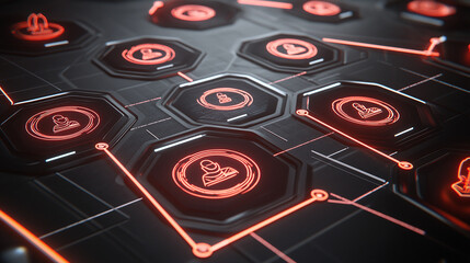 A futuristic network with glowing red icons and connecting lines, representing people.