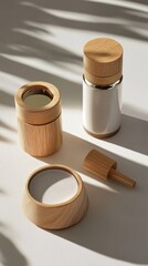 Elegant Bamboo Containers with Shadows on Minimalist Surface in Natural Light