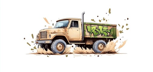 Obraz premium Colorful graffiti truck splashing through mud, isolated on white background.