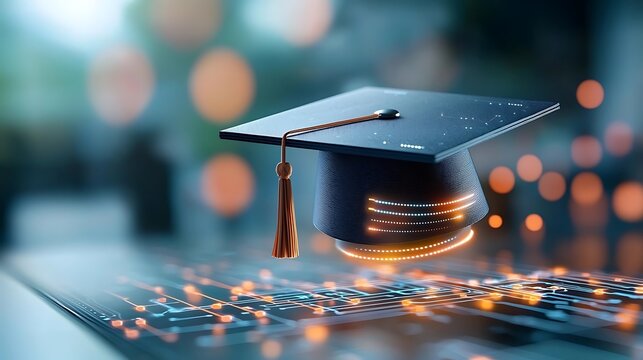 Closeup of a black graduation cap or mortar board with golden tassel on top of a laptop computer  The background is blurred with warm colored lights