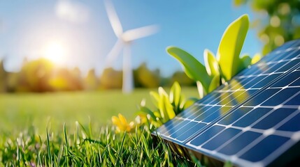 Renewable energy technology including solar panels and wind turbines set in a picturesque countryside landscape with lush greenery blue skies and natural light