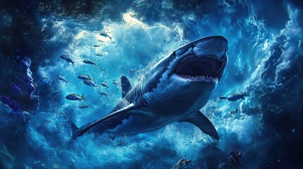 Fototapeta premium Majestic Great White Shark Swimming in Vibrant Ocean Depths Surrounded by Colorful Marine Life and Sunlit Water