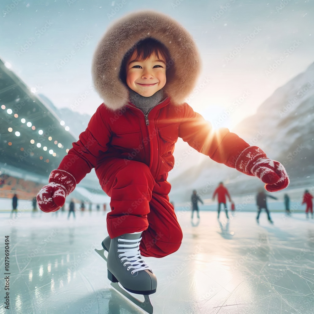 Poster ice skating tricks a year old boy in a red snowsuit doing tricks