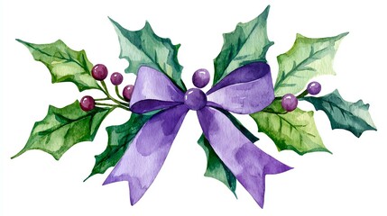 Fototapeta premium Beautiful watercolor illustration of holly leaves and berries with a purple ribbon on a white background.