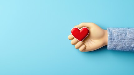 Fototapeta premium A hand holding a red heart shape symbolizing love and affection against a blue background.