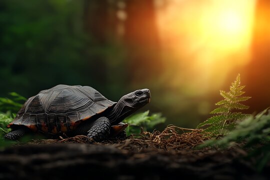 A serene forest scene featuring a tortoise basking in the warm glow of sunlight, surrounded by vibrant greenery.