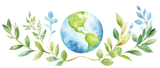 Beautiful watercolor illustration of Earth surrounded by green leaves on a white background.