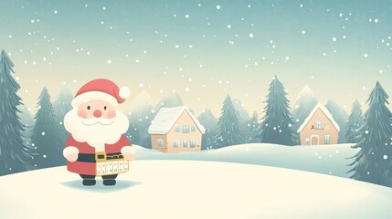 Cute Santa with a calendar in a snowy village landscape