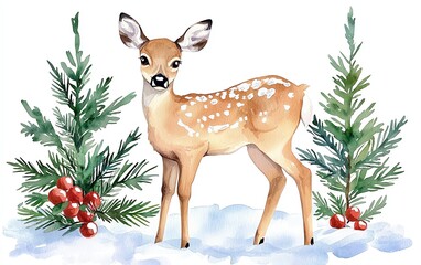 A charming fawn standing amidst snow and evergreen trees, capturing the beauty of wildlife in a winter setting.