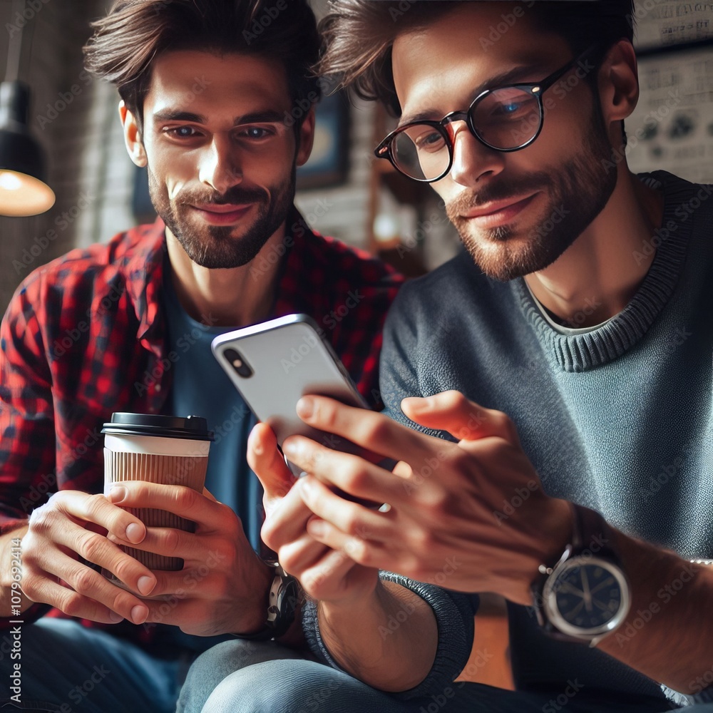 Poster man holding a smartphone with a connected expression as if check