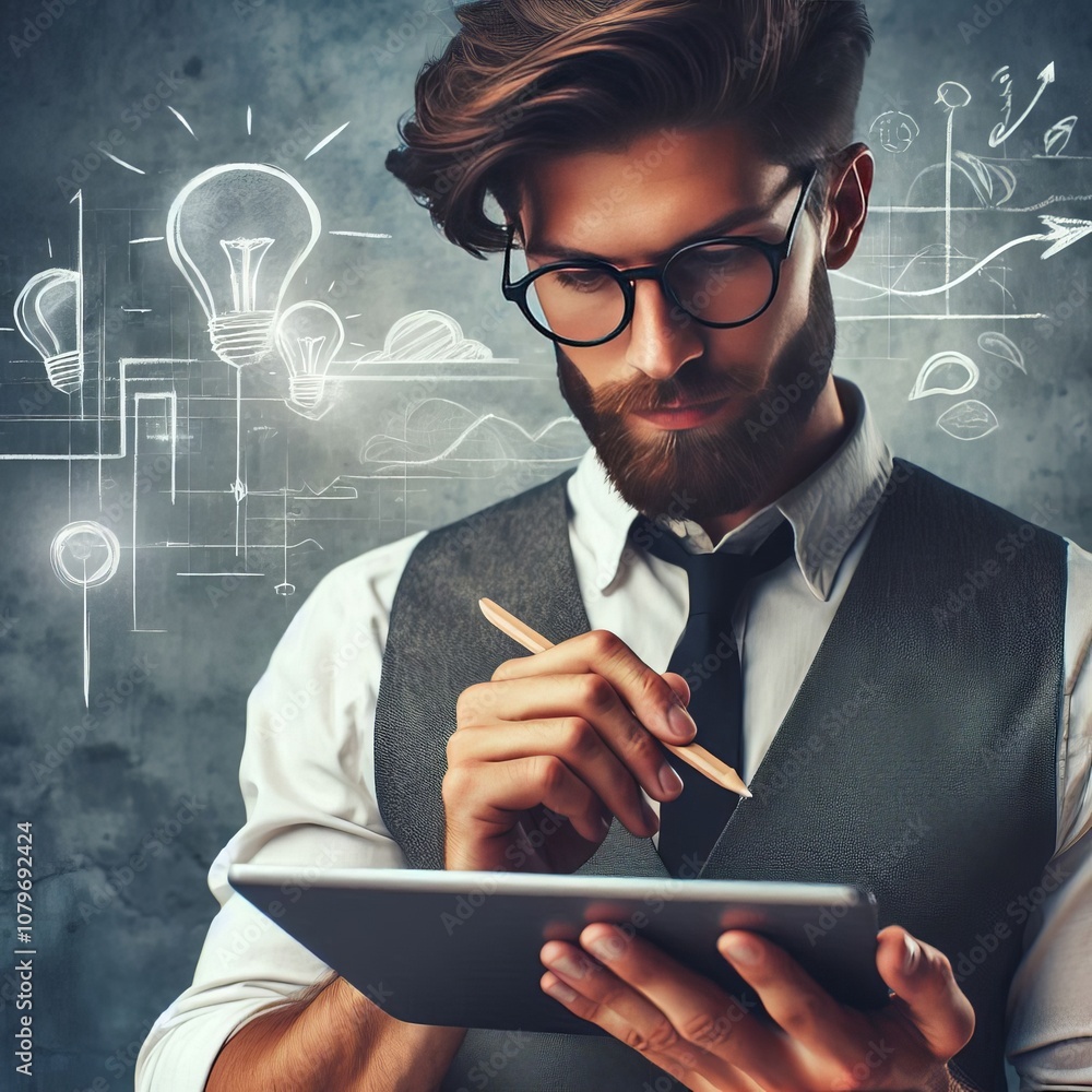 Poster man holding a tablet with a creative expression as if designing