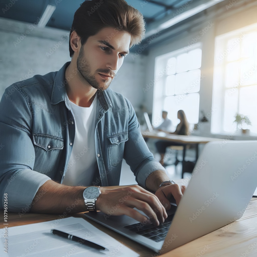 Aufkleber man working on a laptop with a focused expression as if meeting