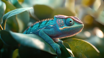 Obraz premium Blue Chameleon on Green Foliage