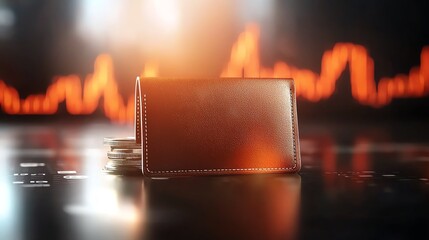 A sleek wallet on a reflective surface, with coins beside it, background featuring dynamic financial graphs.