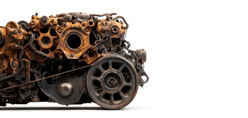 Fototapeta premium Rusty engine components on a white isolated background, showcasing intricate design and industrial textures.
