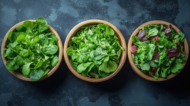 Three wooden bowls filled with different types of fresh green salad on a dark blue background.