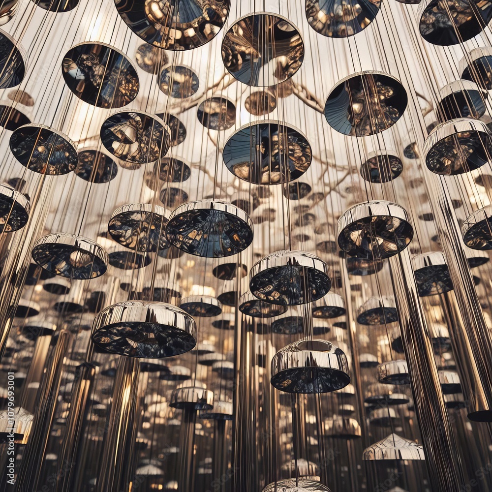 Poster mirrored chimes create sound and fragment reflections as they mo