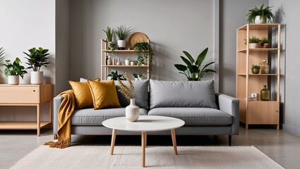  modern, minimalist living room with a focus on neutral and natural tones. 
