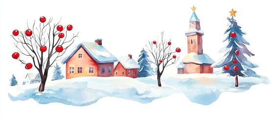 Obraz premium Charming winter village scene with snow, festive trees, and cozy houses on a white background.