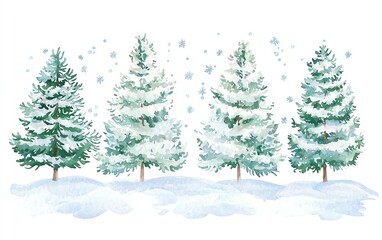 Four snow-covered trees in a serene winter setting with falling snowflakes, creating a peaceful holiday atmosphere.