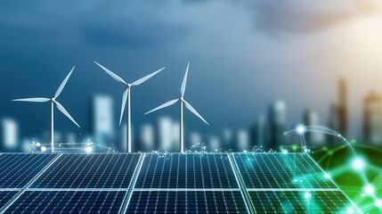 Futuristic cityscape featuring solar panels and wind turbines, showcasing renewable energy technology and sustainable urban development