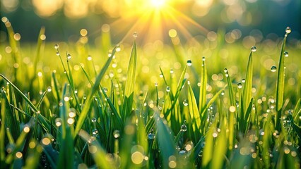 Fototapeta premium Close-up of Dew Drops on Lush Green Grass Blades Illuminated by a Bright Morning Sun