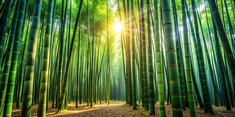 Fototapeta premium A serene and ethereal vista of a dense bamboo forest, where sunlight filters through the tall, verdant stalks, casting a mystical glow on the pathway leading deeper into the green labyrinth.