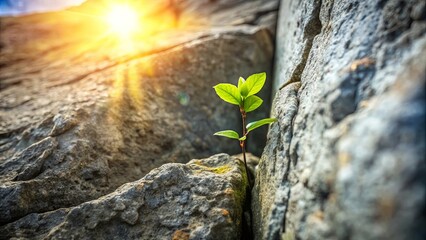 A Small Sprout Rises Through a Crack in the Rock, Illuminated by the Warm Glow of the Setting Sun