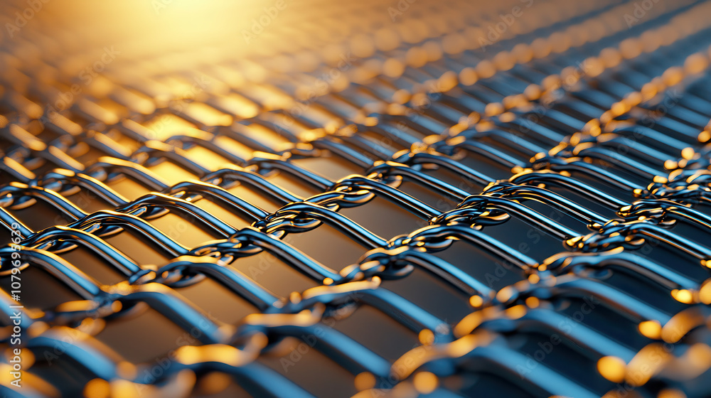 Poster metal chain links create intricate pattern, reflecting warm light in close up view. design showcases