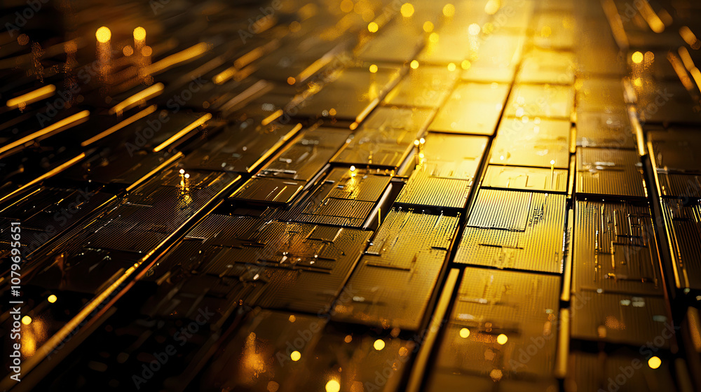 Poster close up of interconnected golden solar cells reflecting light, showcasing intricate patterns and te