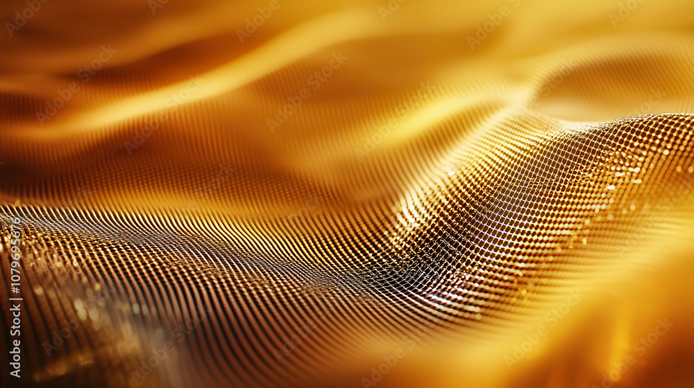 Poster golden textured fabric with flowing waves and intricate patterns, creating sense of depth and elegan