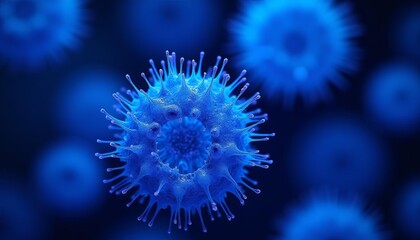Obraz premium Close-up of a blue virus model, representing microbiology and medical research.