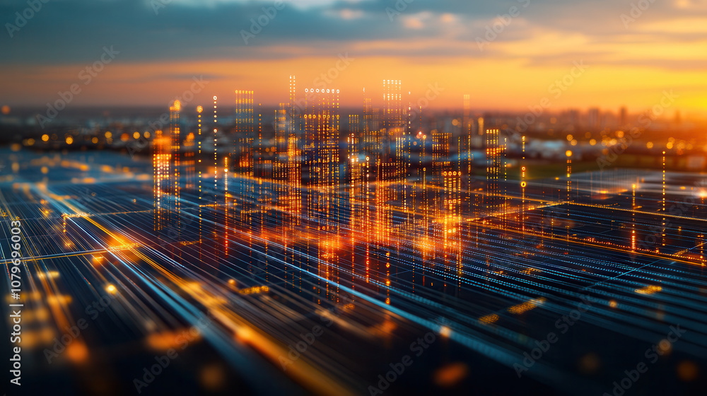 Poster vibrant digital cityscape at sunset, showcasing glowing data streams and abstract structures. warm c