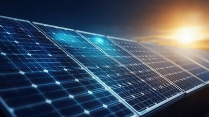 Solar panels reflecting sunlight at sunset, showcasing renewable energy technology. vibrant colors create serene atmosphere, highlighting sustainability and innovation